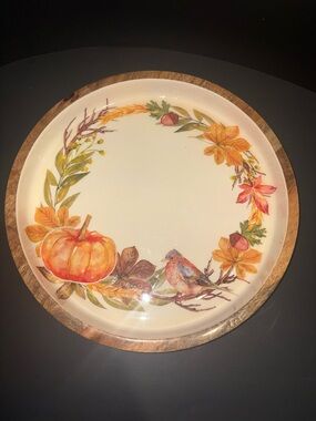 Autumn Harvest Ceramic Serving Platter with Wood Rim/bottom - made in India